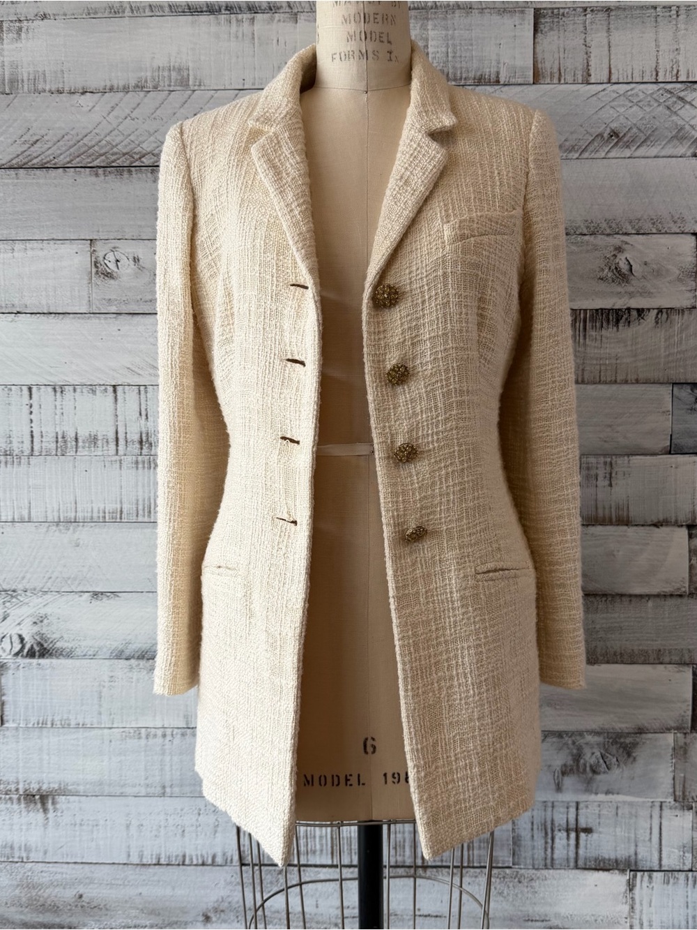 CHANEL Cream Tweed Long Blazer Jacket